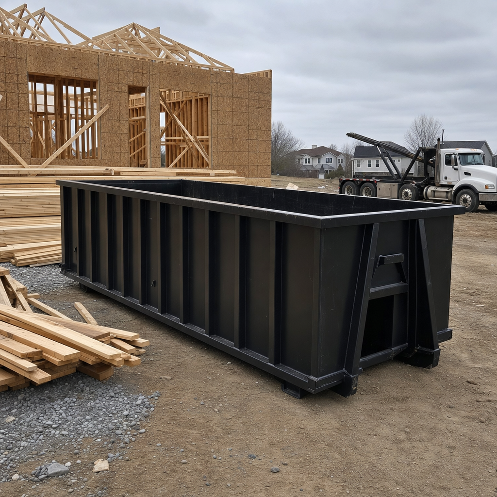 Matte-black 40-yard roll-off dumpster staged on a framed-out residential construction site in Alexandria, framing lumber stacked nearby, hooklift delivery truck visible in the background under bright Colorado daylight