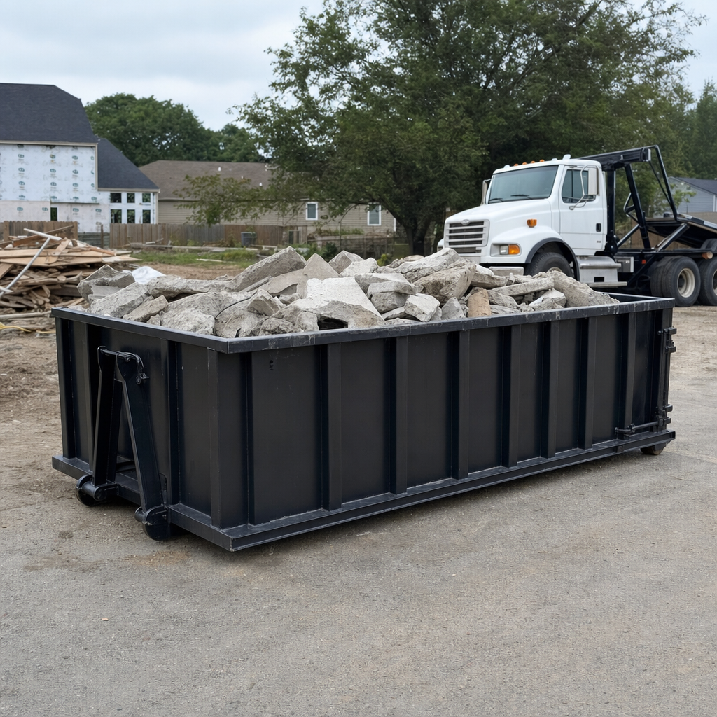 Low-profile matte-black lowboy roll-off dumpster loaded with broken concrete slab and rebar at a foundation tear-out in Alexandria, skid steer parked beside it, sunny Colorado morning