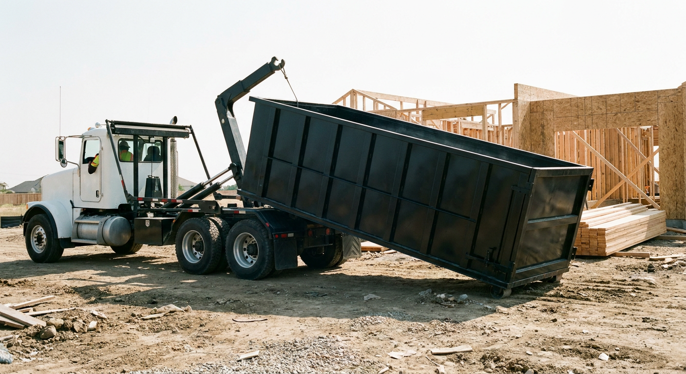 Matte-black roll-off dumpster being delivered onto a clean residential concrete driveway in Alexandria by an unmarked white hooklift hauler truck, bright morning daylight, documentary 35mm perspective.