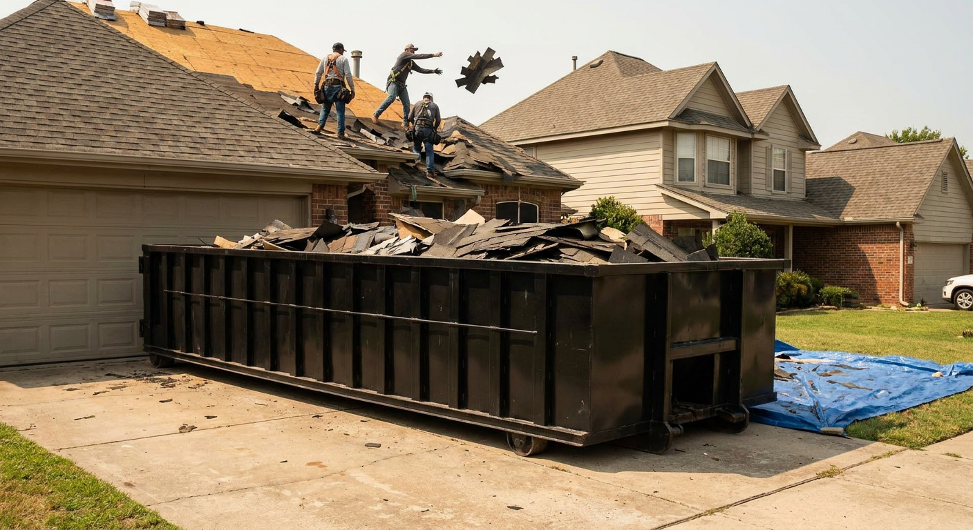 Matte-black roofing roll-off dumpster placed directly on a Alexandria residential concrete driveway, a tear-off crew on a two-story asphalt-shingle roof tossing shingle bundles into the low-walled container, bright daylight, documentary 35mm perspective.