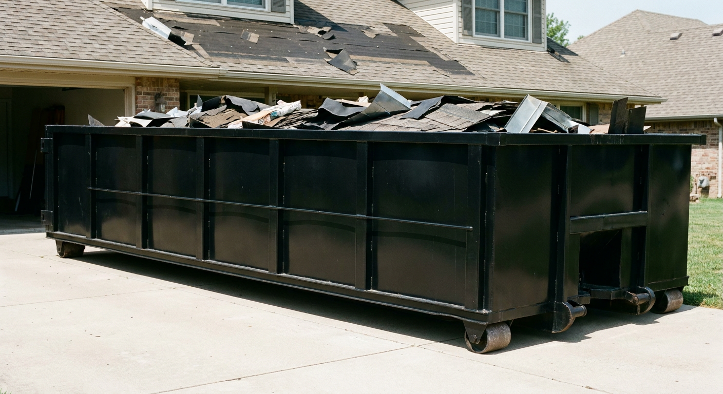 Matte-black 20-yard roofing roll-off dumpster with steel ribbed sides and swinging rear door, sitting directly on the concrete driveway of a two-story Alexandria home, asphalt shingle debris being loaded over the low wall, clean documentary lighting.