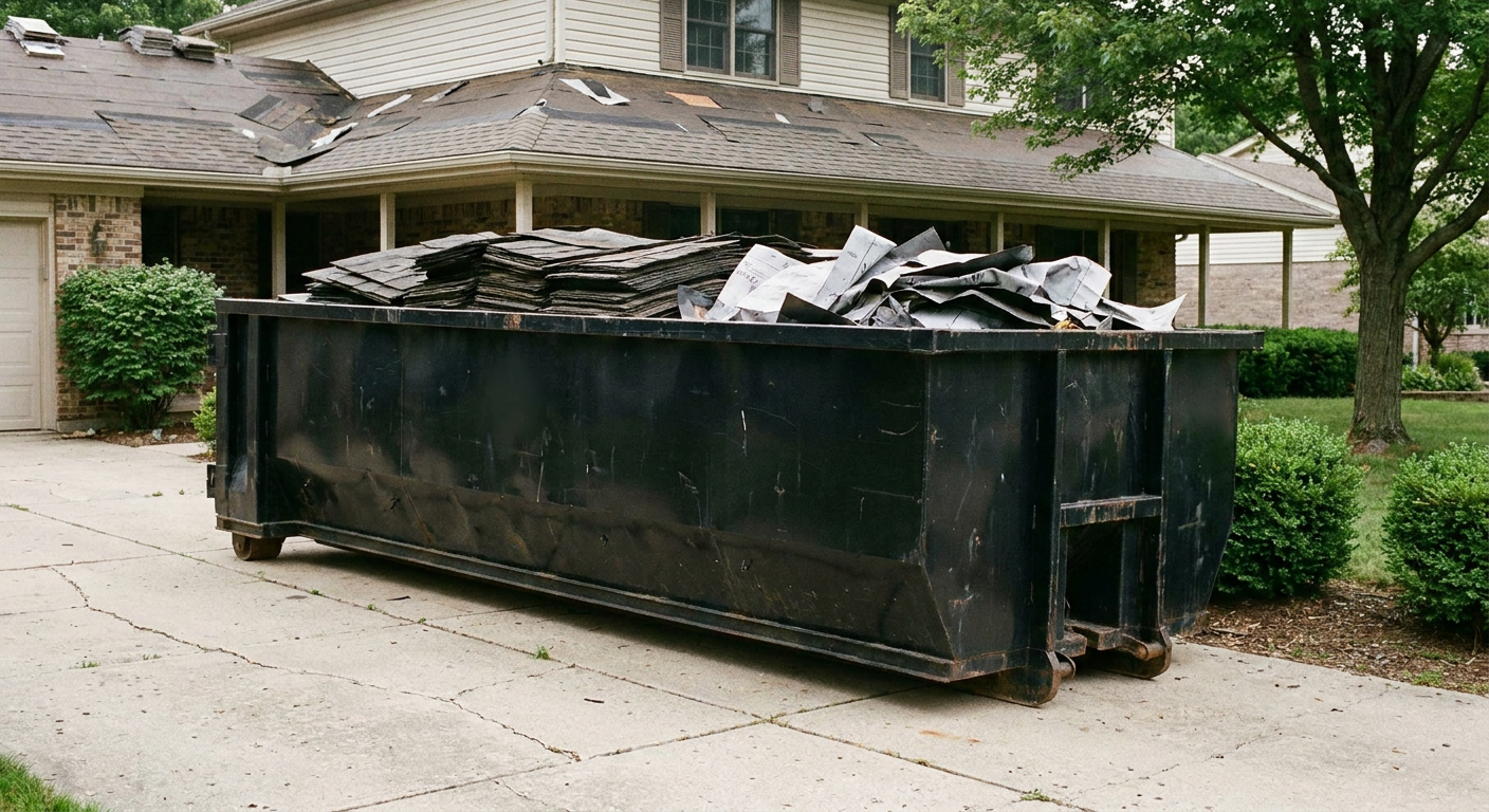 Matte-black 30-yard roofing roll-off dumpster sitting directly on a Alexandria concrete driveway, taller ribbed steel side panels, mixed tear-off debris of asphalt shingles and underlayment inside, professional documentary daylight.
