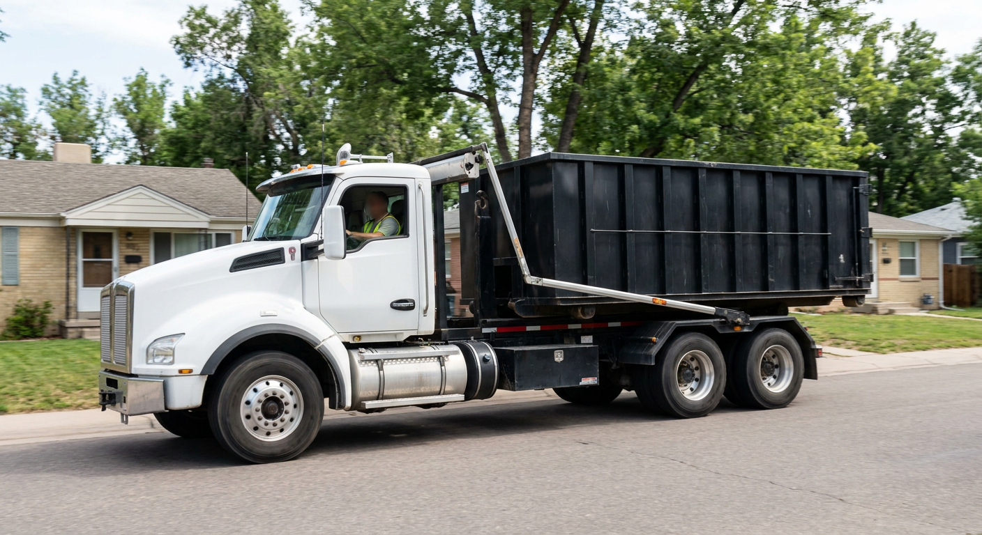 A wide documentary shot of a matte-black roll-off delivery truck pulling onto a quiet Alexandria residential street at mid-morning, with neighborhood rooftops and tree-lined blocks visible behind, showing the metro coverage footprint.