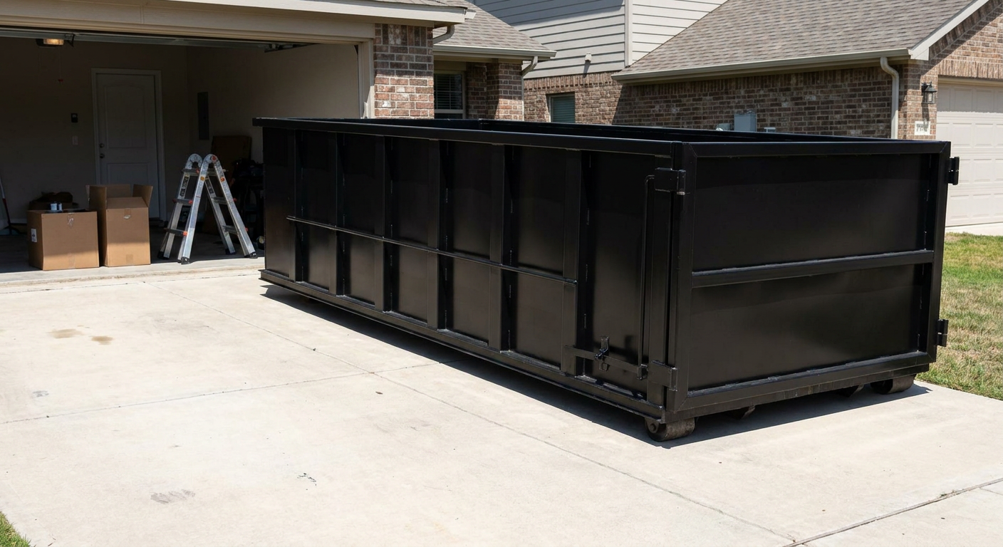 A matte-black 10-yard roll-off dumpster sitting directly on a residential Alexandria concrete driveway, mid-day sunlight, clean and ready for a garage cleanout.
