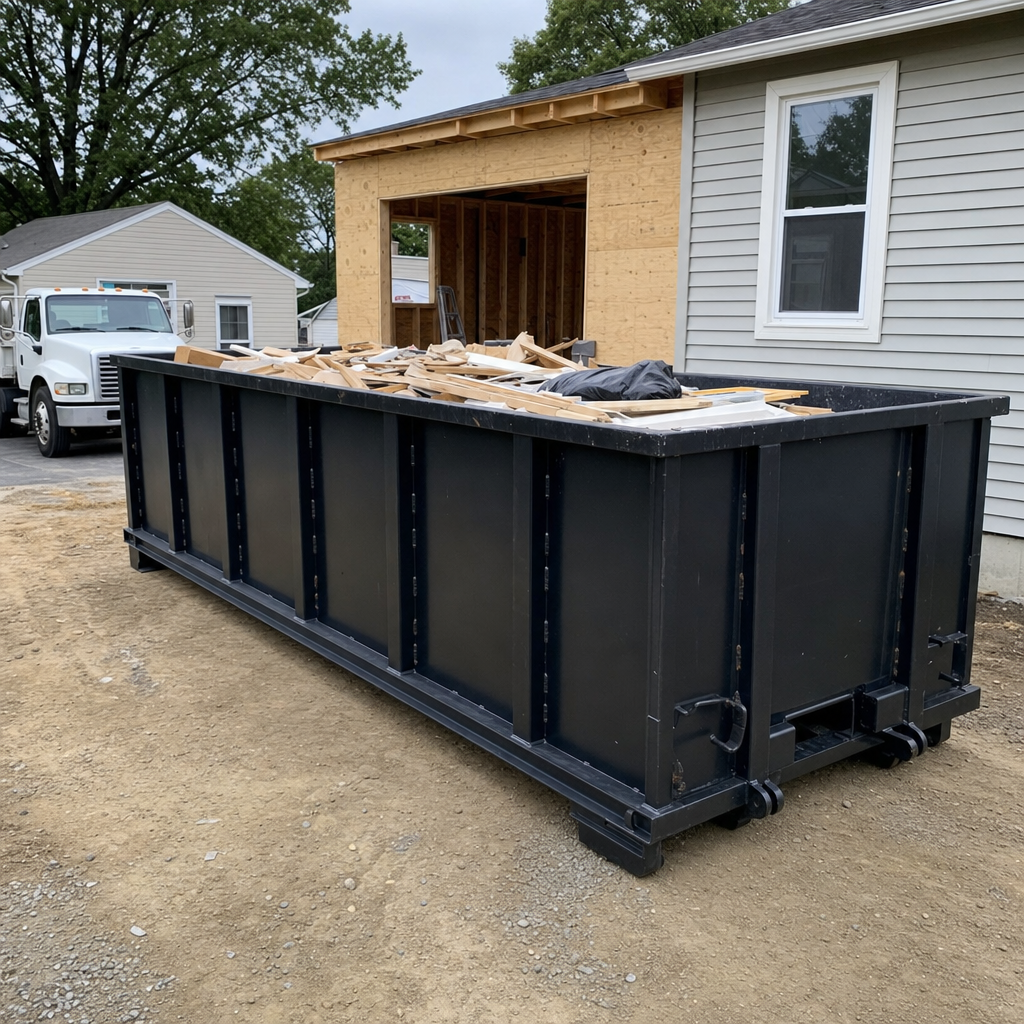 A matte-black 30-yard roll-off dumpster positioned at a Alexandria residential addition jobsite, with framing lumber and drywall scraps loaded through the open swinging rear doors.