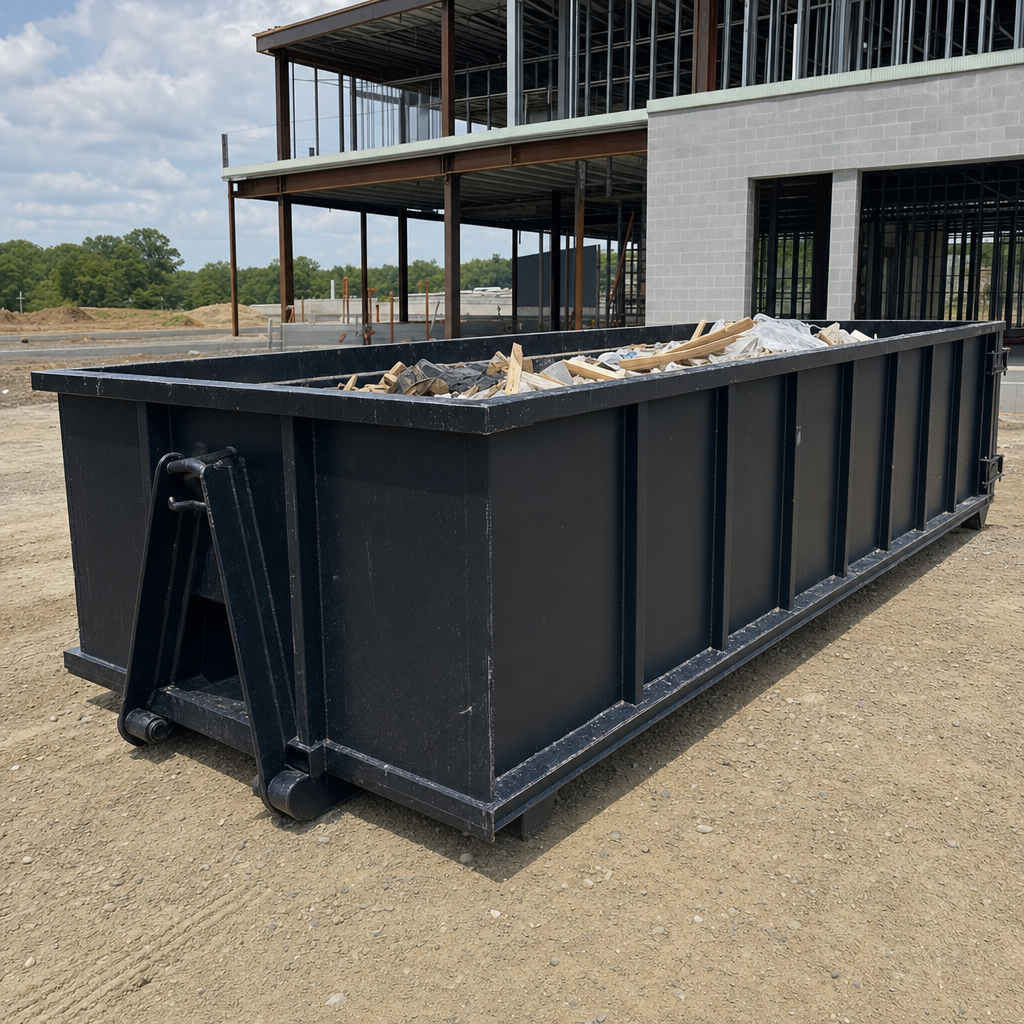 A matte-black 40-yard roll-off dumpster staged on a large Alexandria commercial construction lot, with a hooklift delivery truck parked alongside under bright midday sky.