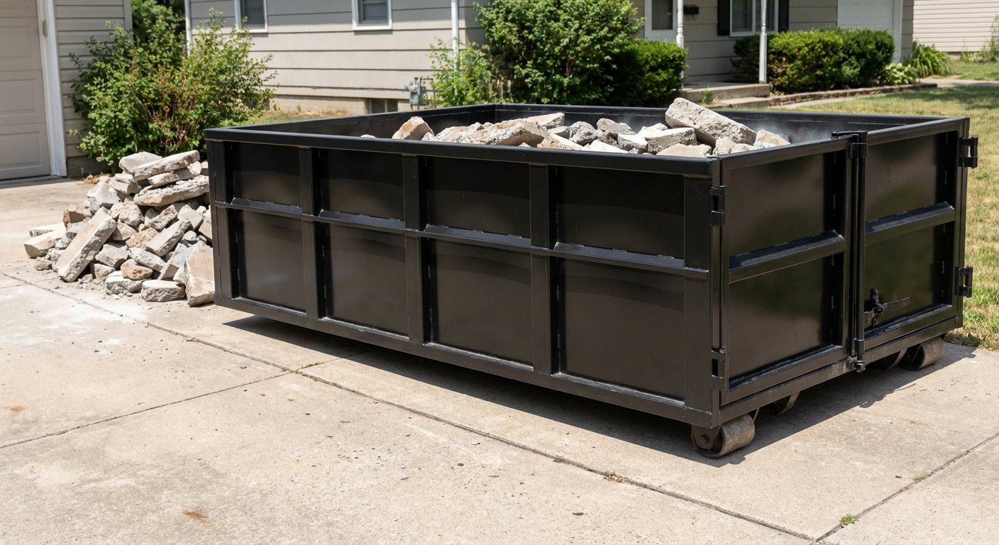 A matte-black low-side heavy-debris roll-off dumpster placed directly on a Alexandria concrete driveway, with broken concrete chunks neatly stacked beside it under clean daylight.